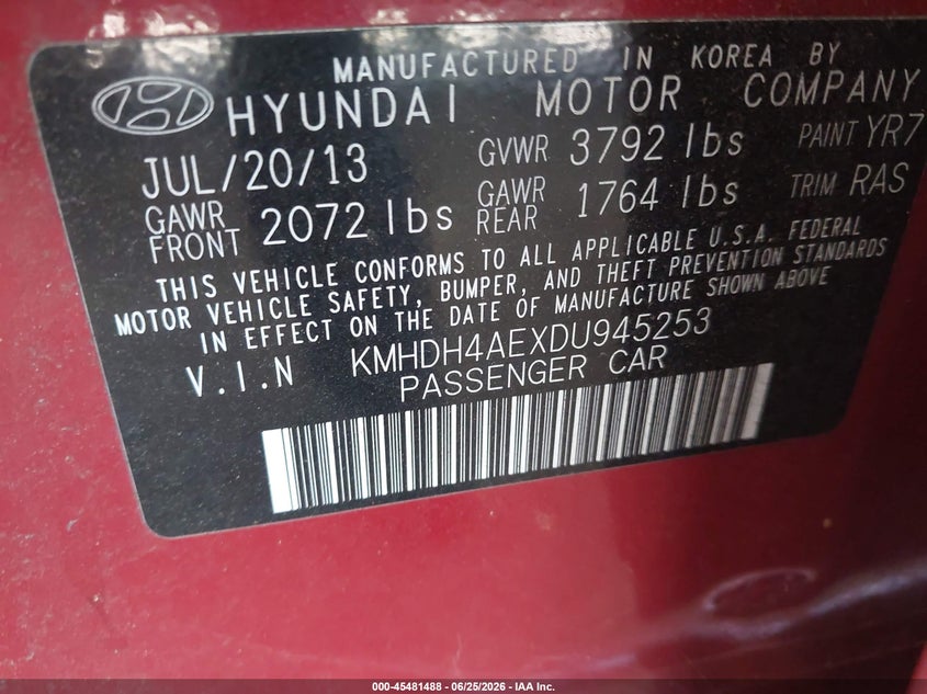 2013 Hyundai Elantra VIN KMHDH4AEXDU945253 IAAI salvage auction — REAR END, Salvage (California), sold $900 on 2026-07-28 (photo 9)