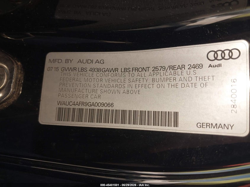 2016 Audi S5 VIN WAUC4AFR9GA009066 IAAI salvage auction — REAR END, Salvage (Idaho), sold $7,225 on 2026-08-04 (photo 9)