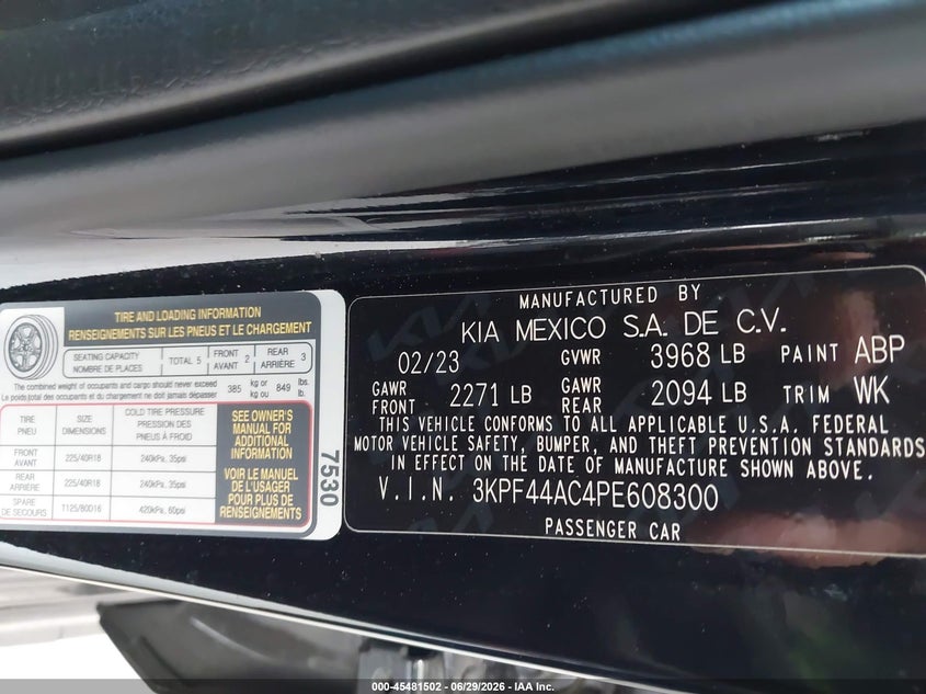 2023 Kia Forte VIN 3KPF44AC4PE608300 IAAI salvage auction — LEFT FRONT, Certificate Of Destruction (Florida), sold $4,775 on 2026-07-24 (photo 9)