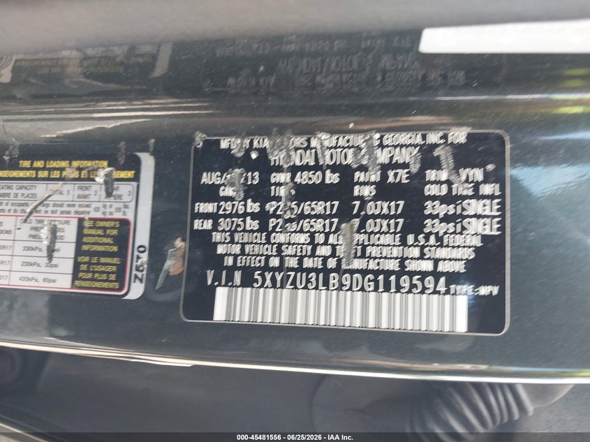 2013 Hyundai Santa fe VIN 5XYZU3LB9DG119594 IAAI salvage auction — FRONT & REAR, Salvage Title, sold $925 on 2026-07-15 (photo 9)