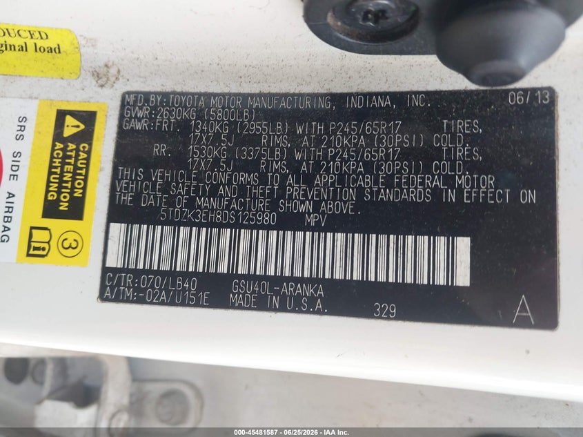 2013 Toyota Highlander VIN 5TDZK3EH8DS125980 IAAI salvage auction — FRONT END, Salvage (Texas), sold $25 on 2026-07-29 (photo 9)