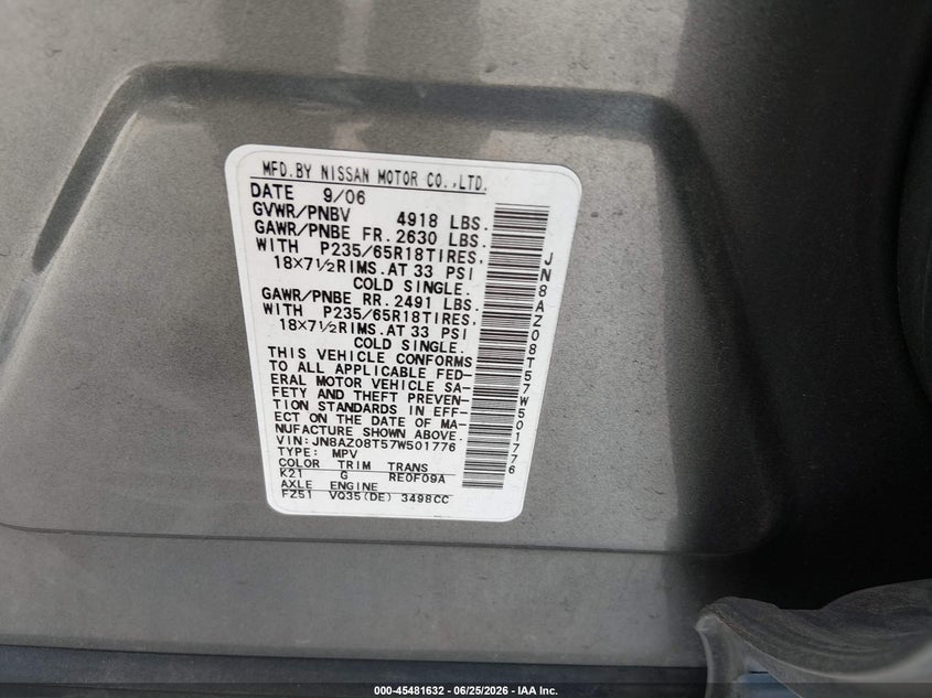 2007 Nissan Murano VIN JN8AZ08T57W501776 IAAI salvage auction — NORMAL WEAR, Original (Texas), sold $600 on 2026-07-13 (photo 9)