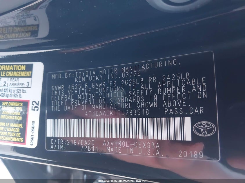 2026 Toyota Camry VIN 4T1DAACK1TU283518 IAAI salvage auction — REAR END, Salvage (California), sold $16,200 on 2026-07-31 (photo 9)