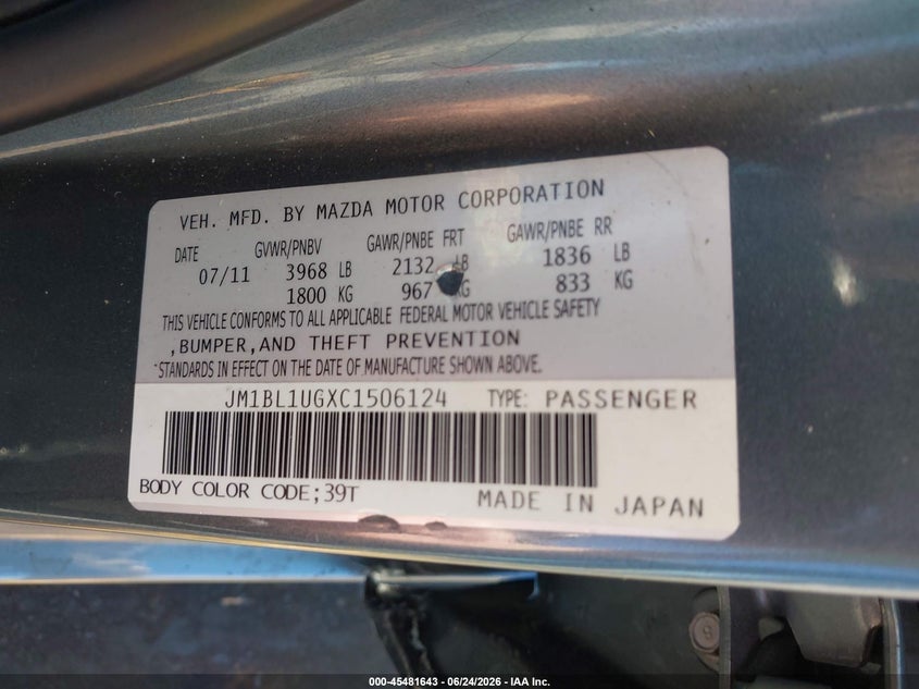 2012 Mazda 3 VIN JM1BL1UGXC1506124 IAAI salvage auction — NORMAL WEAR, Salvage Title - Dealer (California), sold $400 on 2026-07-14 (photo 9)