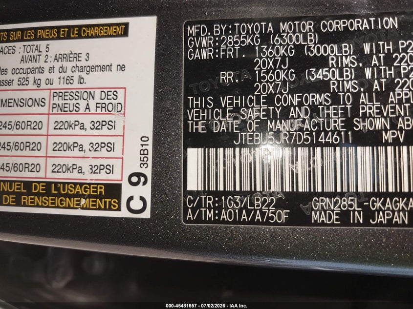 2013 Toyota 4runner VIN JTEBU5JR7D5144611 IAAI salvage auction — FRONT END, Mv-907A (New York), sold $12,200 on 2026-07-28 (photo 9)