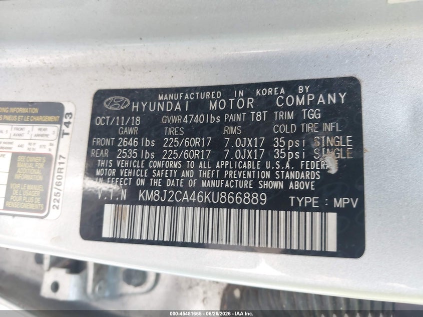 2019 Hyundai Tucson VIN KM8J2CA46KU866889 IAAI salvage auction — NORMAL WEAR, Clear (Virginia), sold $3,150 on 2026-07-14 (photo 9)