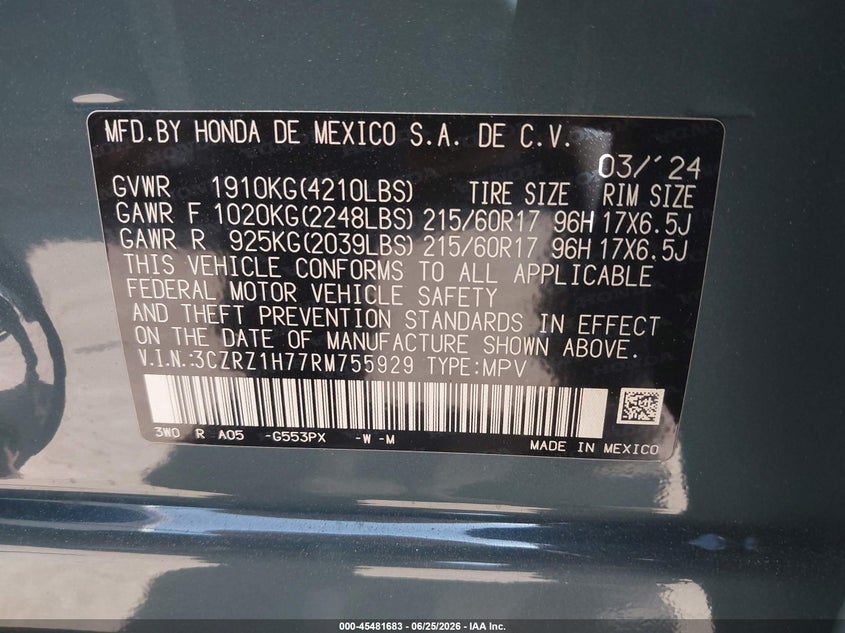 2024 Honda Hr-v VIN 3CZRZ1H77RM755929 IAAI salvage auction — RIGHT SIDE, Salvage Title, sold $7,900 on 2026-07-29 (photo 9)