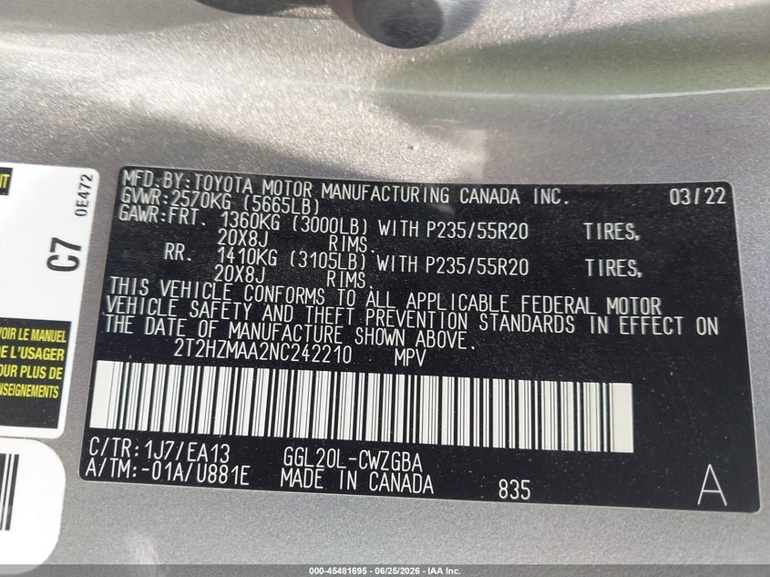 2022 Lexus Rx VIN 2T2HZMAA2NC242210 IAAI salvage auction — FRONT END, Original (Texas), sold $13,000 on 2026-07-26 (photo 9)