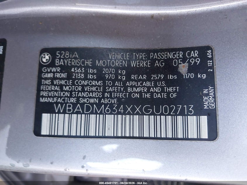 1999 BMW 5 series VIN WBADM634XXGU02713 IAAI salvage auction — NORMAL WEAR, Clear - Dealer Only (California), sold $375 on 2026-07-21 (photo 9)