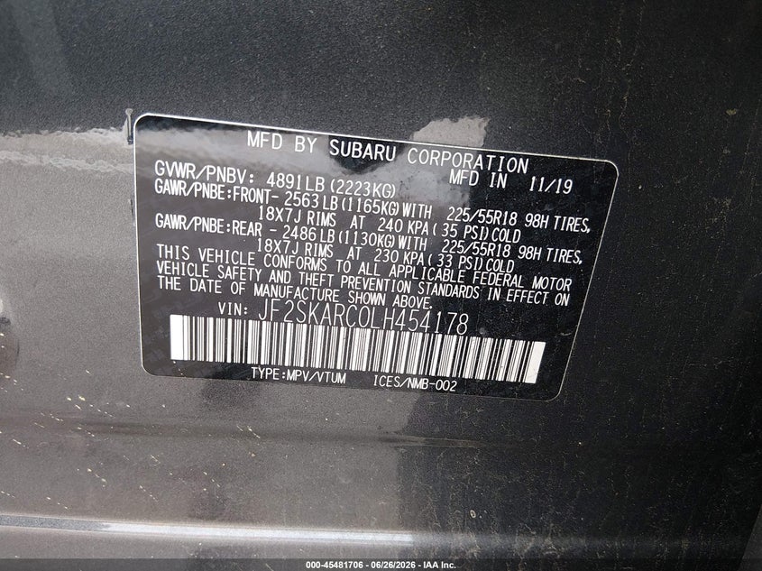 2020 Subaru Forester VIN JF2SKARC0LH454178 IAAI salvage auction — RIGHT SIDE, Salvage (Tennessee), sold $3,650 on 2026-07-21 (photo 9)