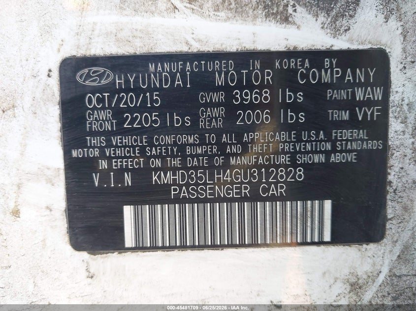 2016 Hyundai Elantra VIN KMHD35LH4GU312828 IAAI salvage auction — NORMAL WEAR, Clear (New Jersey), sold $1,600 on 2026-07-29 (photo 9)