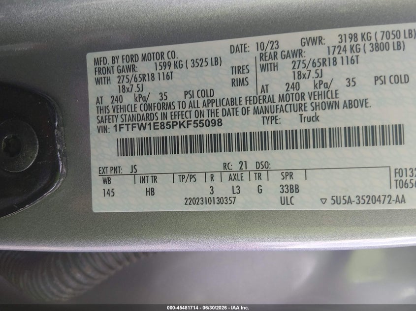 2023 Ford F-150 VIN 1FTFW1E85PKF55098 IAAI salvage auction — STORM DAMAGE, Salvage (South Carolina), sold $15,300 on 2026-07-26 (photo 9)