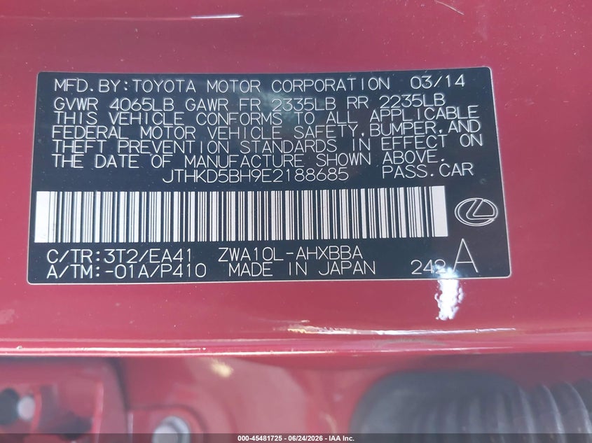 2014 Lexus VIN JTHKD5BH9E2188685 IAAI salvage auction — LEFT FRONT, Salvage (California), sold $3,700 on 2026-07-29 (photo 9)