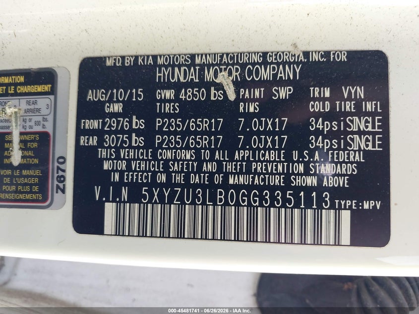 2016 Hyundai Santa fe VIN 5XYZU3LB0GG335113 IAAI salvage auction — FRONT END, Salvage Title, sold $2,400 on 2026-07-16 (photo 9)