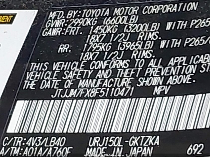 2015 Lexus Gx VIN JTJJM7FX8F5110471 IAAI salvage auction — FRONT & REAR, Salvage Title, sold $14,700 on 2026-07-28 (photo 9)