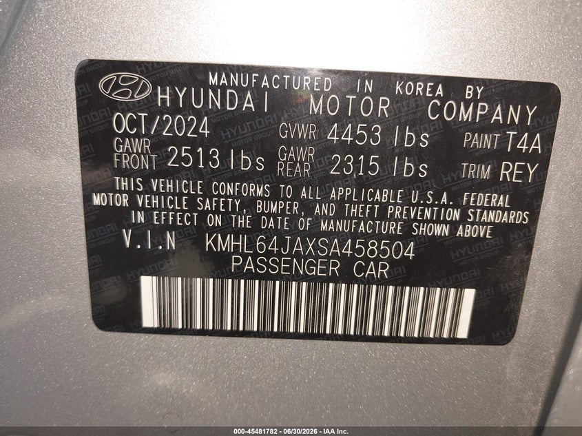 2025 Hyundai Sonata VIN KMHL64JAXSA458504 IAAI salvage auction — FRONT END, Enterprise Vehicles Clear Only (Idaho), sold $12,300 on 2026-07-15 (photo 9)