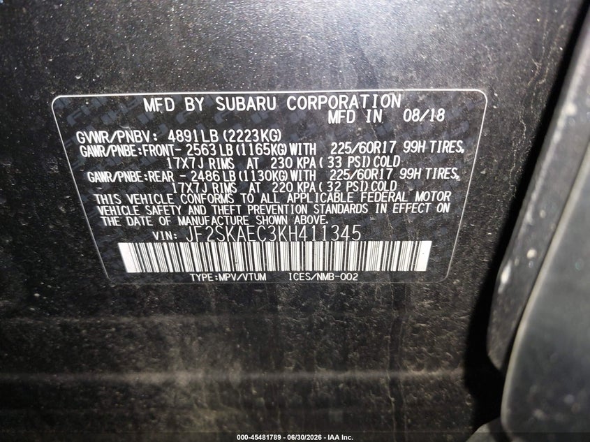 2019 Subaru Forester VIN JF2SKAEC3KH411345 IAAI salvage auction — FRONT END, Wait Title, sold $3,400 on 2026-08-26 (photo 9)