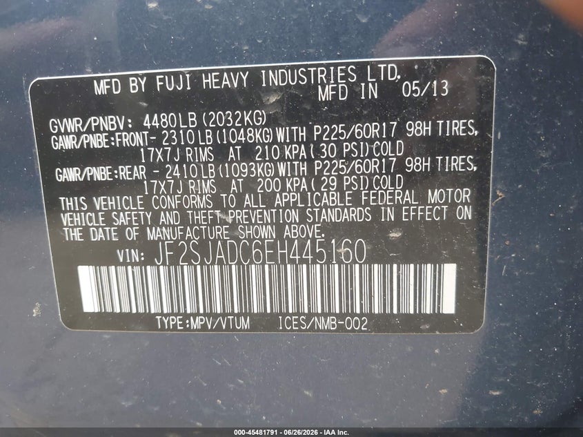 2014 Subaru Forester VIN JF2SJADC6EH445160 IAAI salvage auction — LEFT FRONT, Salvage - Greater Than 75% (Maryland), sold $125 on 2026-07-28 (photo 9)