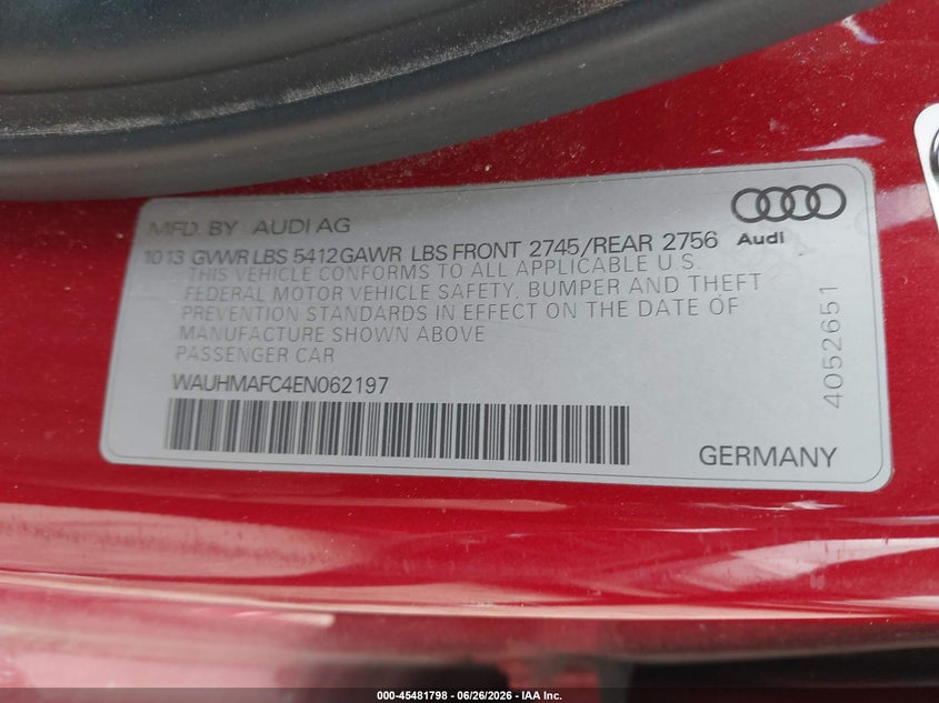 2014 Audi A6 VIN WAUHMAFC4EN062197 IAAI salvage auction — NORMAL WEAR, Salvage Title, sold $4,950 on 2026-07-15 (photo 9)