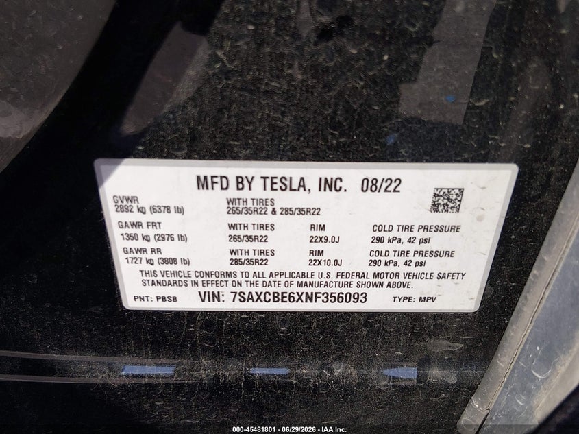 2022 Tesla Model x VIN 7SAXCBE6XNF356093 IAAI salvage auction — REAR END, Salvage (New Jersey), sold $29,950 on 2026-08-23 (photo 9)