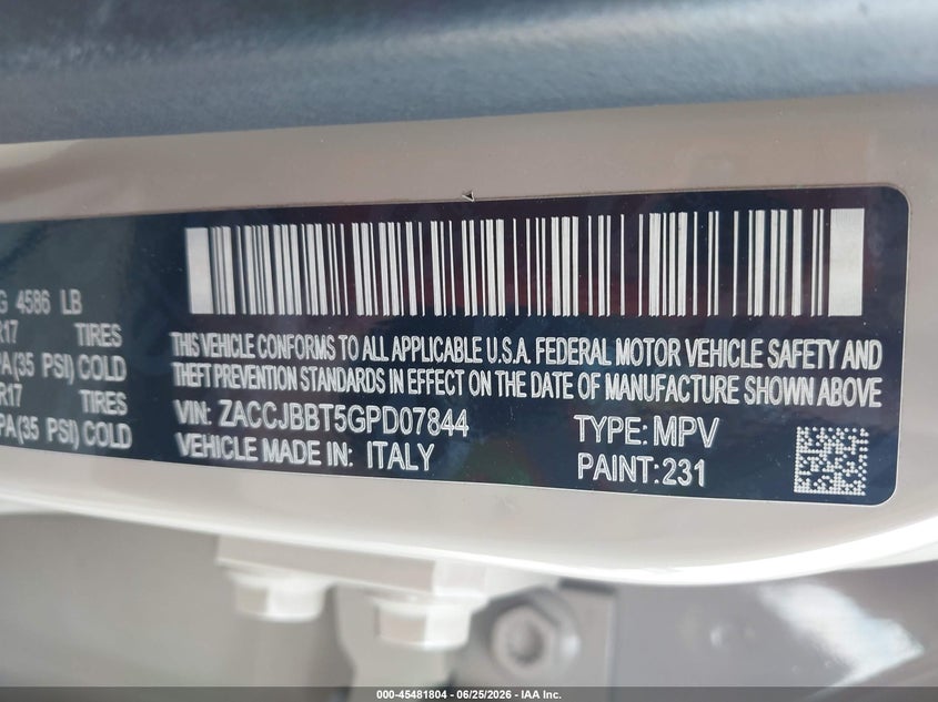 2016 Jeep Renegade VIN ZACCJBBT5GPD07844 IAAI salvage auction — LEFT REAR, Salvage Title, sold $2,175 on 2026-08-04 (photo 9)