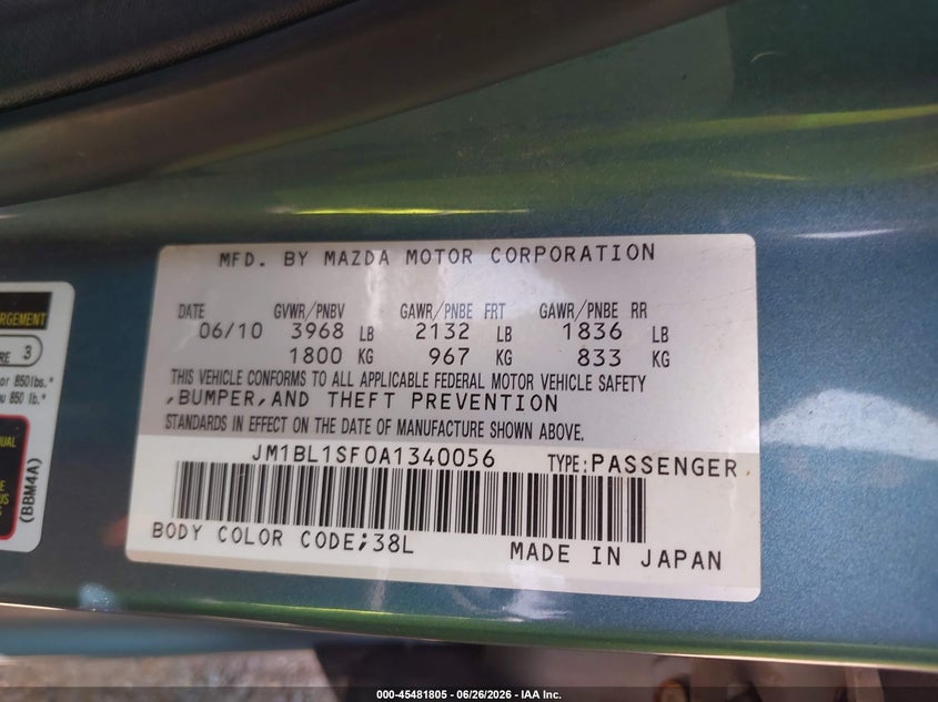 2010 Mazda 3 VIN JM1BL1SF0A1340056 IAAI salvage auction — NORMAL WEAR, Original (Texas), sold $1,000 on 2026-07-14 (photo 9)