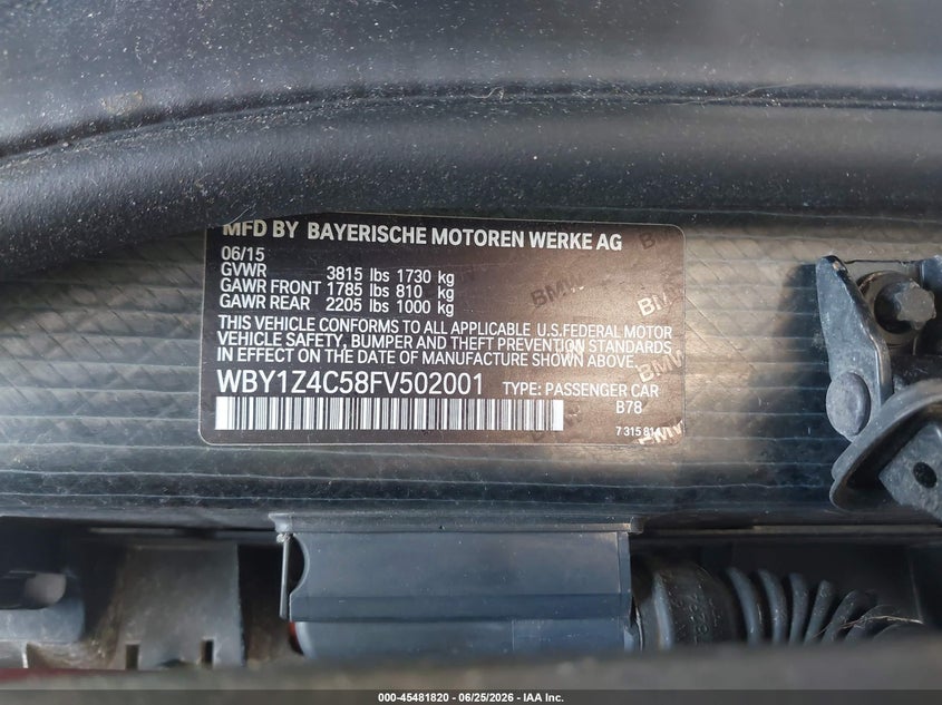 2015 BMW I3 VIN WBY1Z4C58FV502001 IAAI salvage auction — FRONT END, Clear (Indiana), sold $2,900 on 2026-07-21 (photo 9)