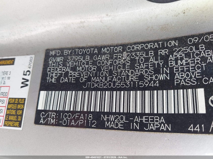 2005 Toyota Prius VIN JTDKB20U553115944 IAAI salvage auction — NORMAL WEAR, Clear (New York), sold $200 on 2026-07-14 (photo 9)