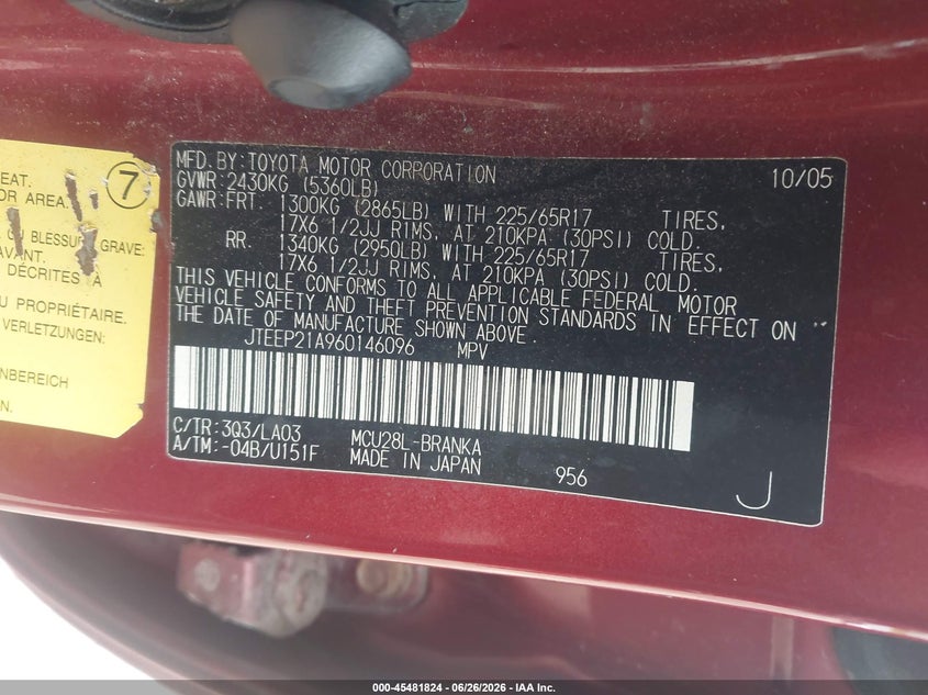 2006 Toyota Highlander VIN JTEEP21A960146096 IAAI salvage auction — NORMAL WEAR, Clear (Illinois), sold $925 on 2026-07-09 (photo 9)