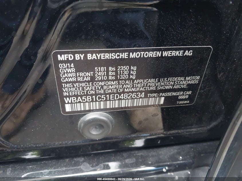 2014 BMW 5er VIN WBA5B1C51ED482634 IAAI salvage auction — SIDE, Salvage Certificate (California), sold $1,050 on 2026-07-10 (photo 9)
