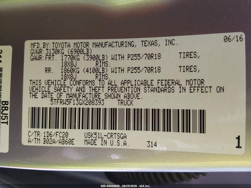 2016 Toyota Tundra VIN 5TFRW5F13GX208393 IAAI salvage auction — FRONT END, Salvage (Alabama), sold $2,950 on 2026-07-29 (photo 9)