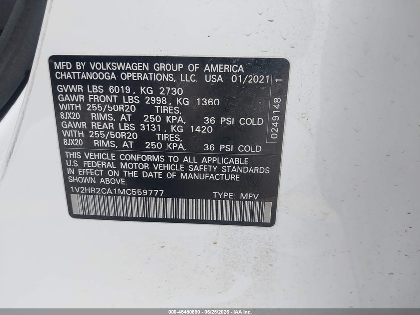 2021 Volkswagen Atlas VIN 1V2HR2CA1MC559777 IAAI salvage auction — REAR END, Salvage (California), sold $7,000 on 2026-07-29 (photo 9)