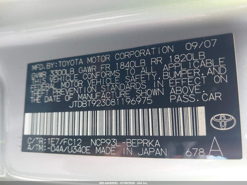 2008 Toyota Yaris VIN JTDBT923081196975 IAAI salvage auction — NORMAL WEAR, Clear (Maryland), sold $950 on 2026-07-20 (photo 9)