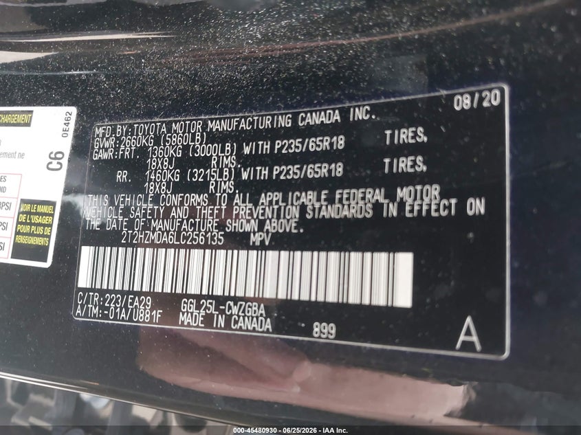 2020 Lexus Rx VIN 2T2HZMDA6LC256135 IAAI salvage auction — REAR END, Salvage (Massachusetts), sold $7,200 on 2026-07-30 (photo 9)