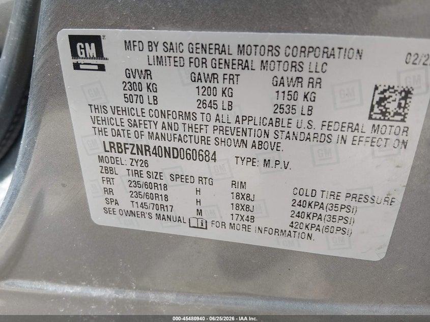 2022 Buick Envision VIN LRBFZNR40ND060684 IAAI salvage auction — HAIL, Salvage (Ohio), sold $6,000 on 2026-07-28 (photo 9)