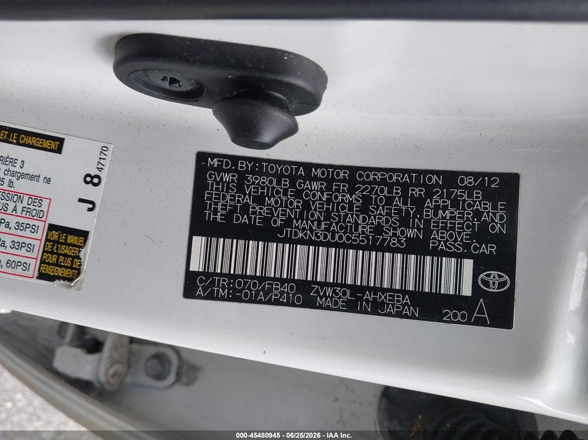 2012 Toyota Prius VIN JTDKN3DU0C5517783 IAAI salvage auction — SIDE, Rebuildable (Florida), sold $1,650 on 2026-07-23 (photo 9)