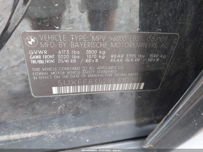 2009 BMW X5 VIN 5UXFE83529L310291 IAAI salvage auction — FRONT & REAR, Salvage (South Carolina), sold $1,050 on 2026-08-01 (photo 9)