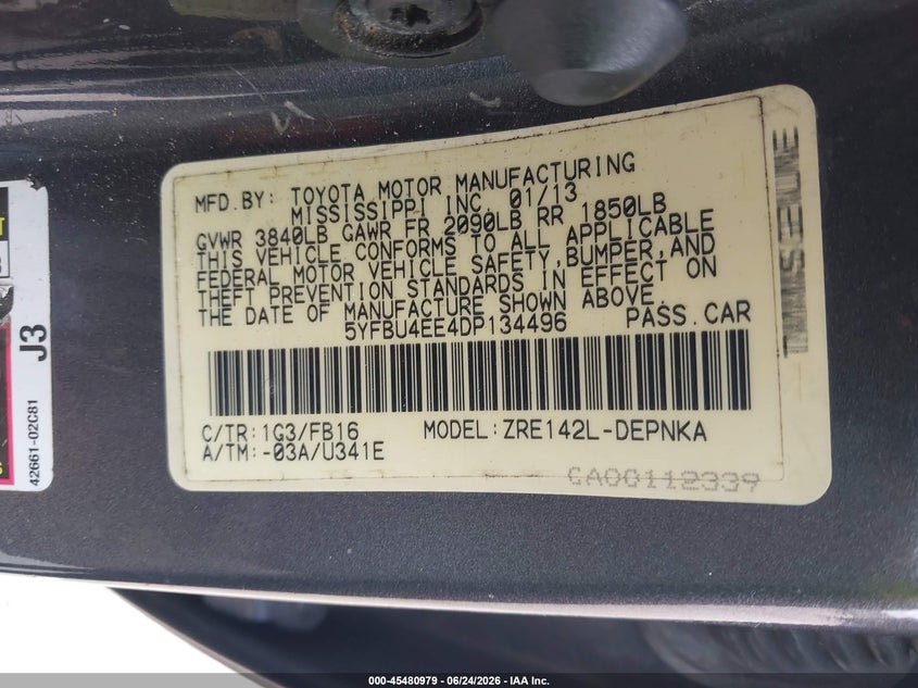 2013 Toyota Corolla VIN 5YFBU4EE4DP134496 IAAI salvage auction — NORMAL WEAR, Clear (Florida), sold $2,025 on 2026-07-08 (photo 9)