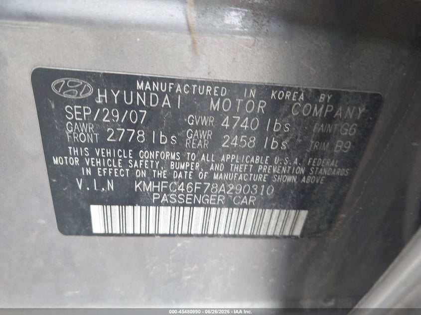 2008 Hyundai Azera VIN KMHFC46F78A290310 IAAI salvage auction — RIGHT SIDE, Salvage (Ohio), sold $250 on 2026-07-28 (photo 9)