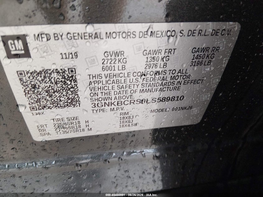 2020 Chevrolet Blazer VIN 3GNKBCRS0LS589810 IAAI salvage auction — HAIL, Salvage (Kansas), sold $7,800 on 2026-07-24 (photo 9)