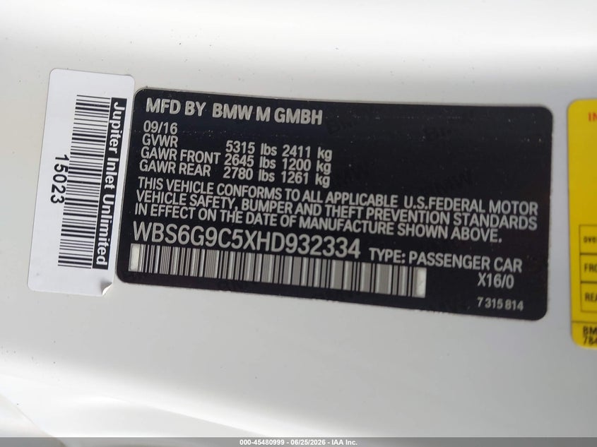 2017 BMW M6 VIN WBS6G9C5XHD932334 IAAI salvage auction — NORMAL WEAR, Clear (Florida), sold $7,600 on 2026-07-13 (photo 9)