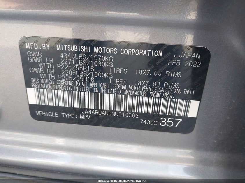 2022 Mitsubishi Outlander VIN JA4ARUAU0NU010363 IAAI salvage auction — RIGHT FRONT, Wait Title, sold $5,800 on 2026-09-05 (photo 9)