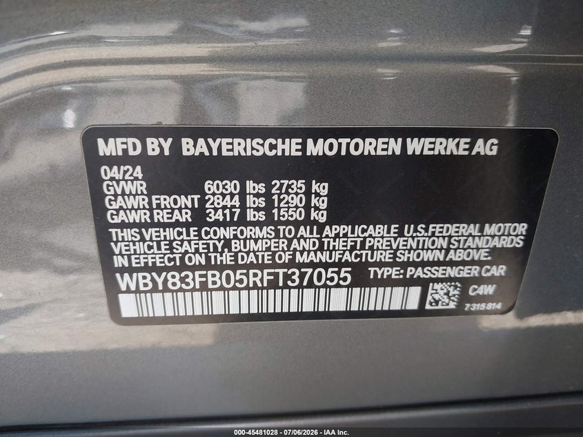 2024 BMW I4 VIN WBY83FB05RFT37055 IAAI salvage auction — FRONT END, Original (Texas), sold $12,100 on 2026-09-10 (photo 9)