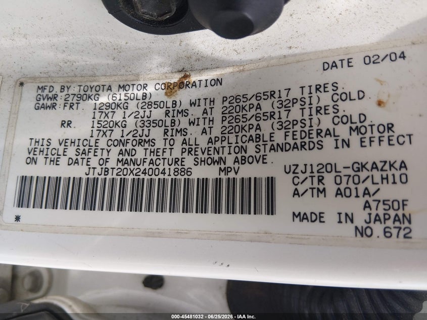 2004 Lexus Gx VIN JTJBT20X240041886 IAAI salvage auction — NORMAL WEAR, Clear (Louisiana), sold $2,450 on 2026-07-06 (photo 9)