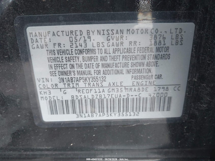 2019 Nissan Sentra VIN 3N1AB7AP5KY355132 IAAI salvage auction — STORM DAMAGE, Salvage Title, sold $25 on 2026-07-24 (photo 9)