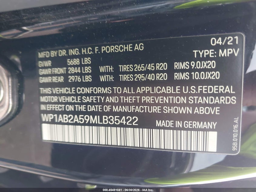 2021 Porsche Macan VIN WP1AB2A59MLB35422 IAAI salvage auction — FRONT END, Salvage Title, sold $18,100 on 2026-08-07 (photo 9)