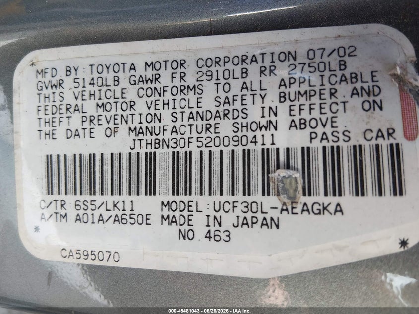 2002 Lexus Ls VIN JTHBN30F520090411 IAAI salvage auction — NORMAL WEAR, Original (Texas), sold $700 on 2026-07-29 (photo 9)