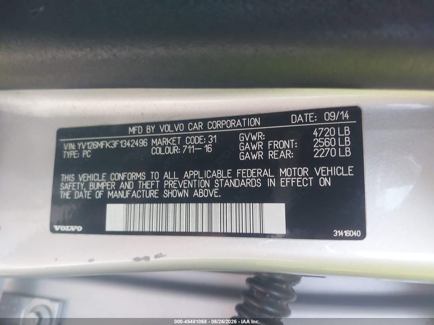 2015 Volvo S60 VIN YV126MFK3F1342496 IAAI salvage auction — RIGHT FRONT, Original (Texas), sold $775 on 2026-07-15 (photo 9)