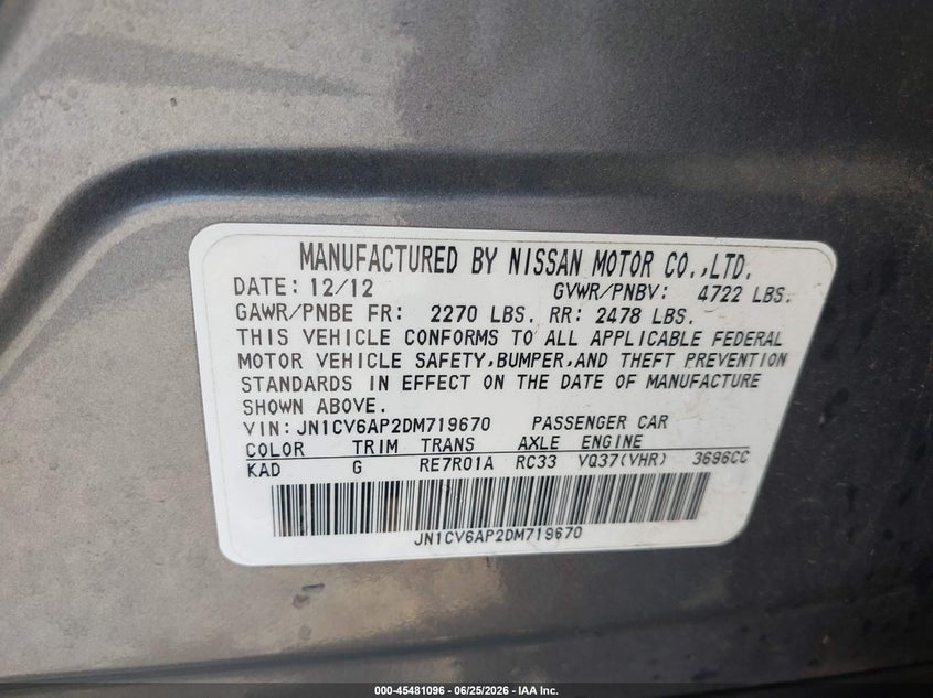 2013 Infiniti G VIN JN1CV6AP2DM719670 IAAI salvage auction — LEFT REAR, Salvage (California), sold $2,475 on 2026-07-15 (photo 9)