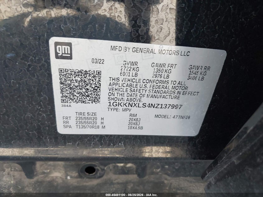 2022 Gmc Acadia VIN 1GKKNXLS4NZ137997 IAAI salvage auction — SIDE, Bill Of Sale (Washington), sold $4,950 on 2026-07-25 (photo 9)